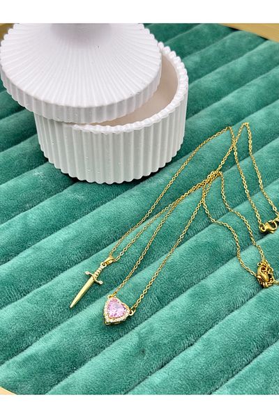 ilvesa shop Heart and Sword Zircon Stone Steel Lover Necklace