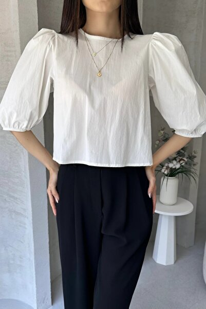 OLSAMODA Women's Back Satin Bow Poplin Bluz