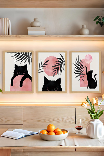 kutuTR 🐾 Siyah Kedi Temalı 3’lü Çerçevesiz Tablo Seti – 13x17 | 21x30 | 30x4...