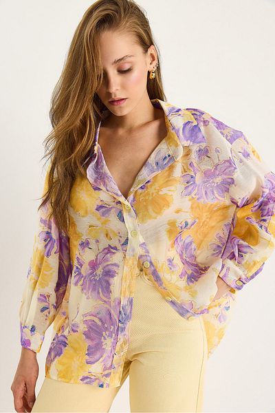 Bianco Lucci Women's Floral Patterned Digital Printed Oversize Viscose Shirt 198 60283480