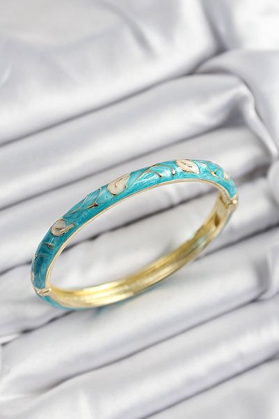 Clariss Gold Color Women's Handcuffs with Enamel Brass Cream and Turquoise Leaf Motif