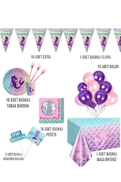 Evabrite Mermaid Birthday Party Set |   Between 1-5 Years |   Fish Tail Themed Girl's Table Ornaments 16 Li