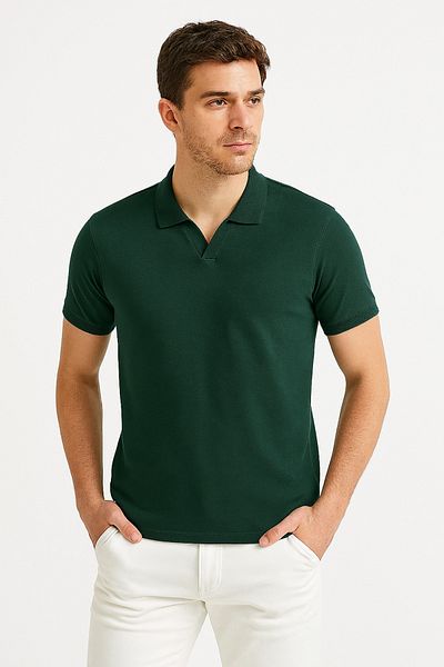 UOMOPARK 2993 Emerald Green Polo Shirt with Textured Knit Collar and Minimalist Design Polo Neck T-Shirt