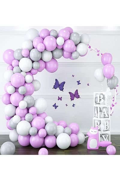 Baloane Vesele Birthday Balloon Arch Purple Gray White 103 Pieces ARC133