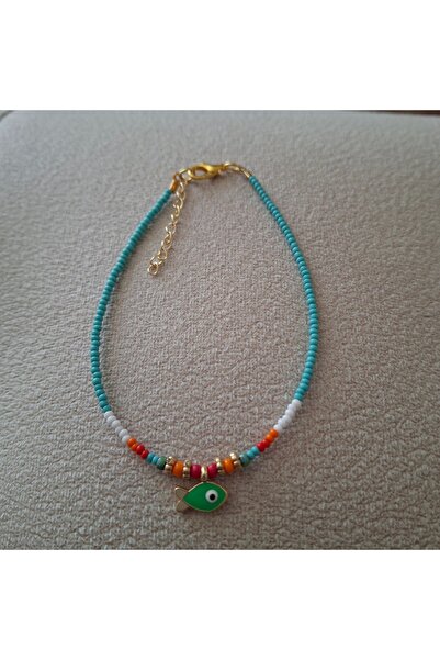 azra takı tasarım Blue Turquoise Women's Anklet with Handmade Fish Figure