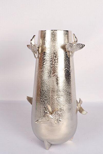 Canba Silver Pirinç Döküm Cennet Kuşu Vazo | Lüks Dekoratif Vazo 16x31 CM