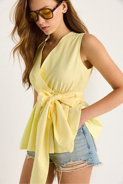 Bianco Lucci Women's Elastic Waist Double Breasted Collar Belted Poplin Blouse 8048 60283486
