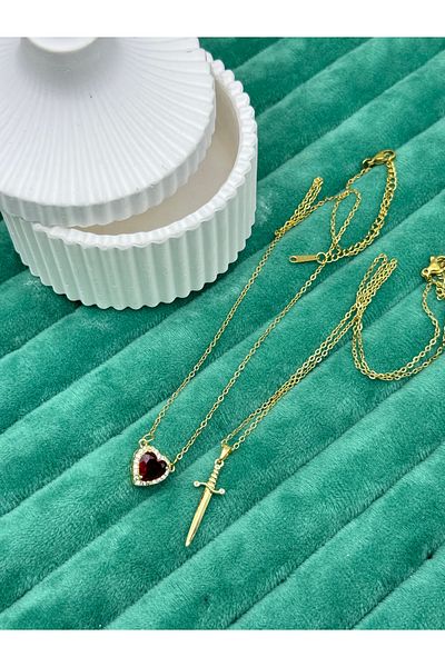 ilvesa shop Heart and Sword Zircon Stone Steel Lover Necklace