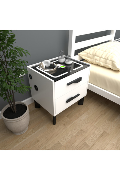 DECOBOX DİAMOND BEYAZ LEDLİ ŞARJ ÜNİTELİ VE BLUETOOTH HOPARLÖRLÜ KOMODİN