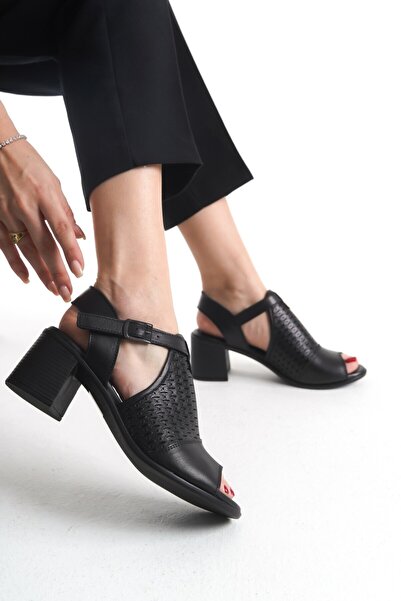 Tamdabu Ayakkabı حذاء نسائي بكعب عالي مصنوع من الجلد الأسود الأصلي ومقطوع بال...