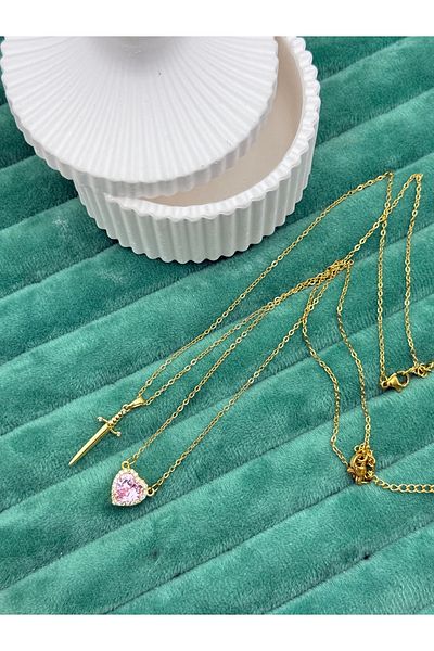 ilvesa shop Heart and Sword Zircon Stone Steel Lover Necklace