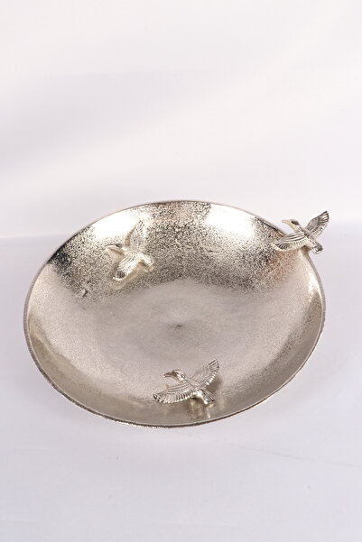 Canba Silver Pirinç Döküm Cennet Kuşu Tabak | Lüks Dekoratif Kase 32x29x8 CM