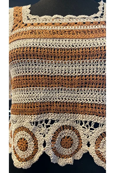 By-esq Women's Openwork Summer Crop Knitwear Blouse Tile Cream