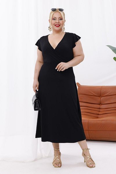 Madwilo Γυναικείο μαύρο βολάν μανίκι διπλό γιακά Plus Size Stretchy Maxi φόρεμα