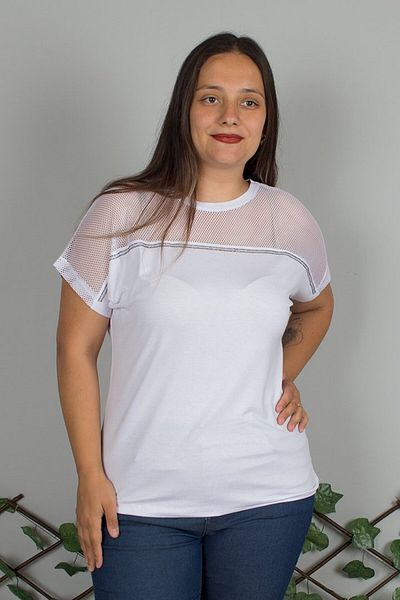 Truva XXL Large Size Stone Embroidered Shoulder Tulle Detailed White T-Shirt