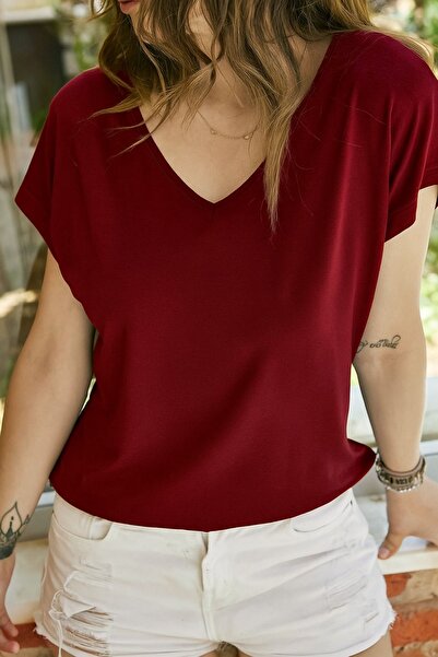 Marvine Γυναικείο μπλουζάκι με κοντό μανίκι με λαιμόκοψη σε βυσσινί χρώμα