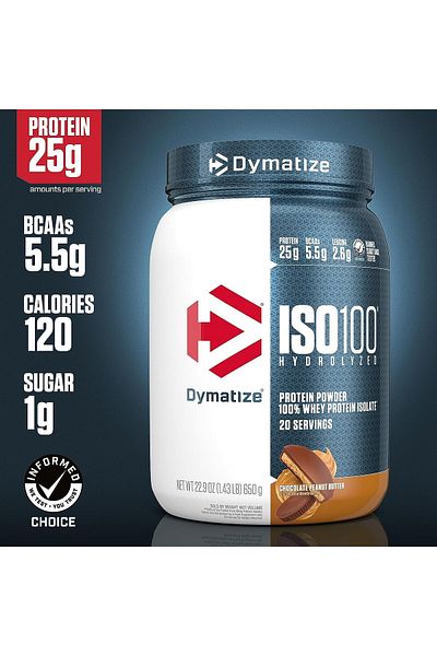 Dymatize ISO 100, Hydrolyzed Whey Protein Isolate, Chocolate Peanut Butter, 1.43 lbs, 20 Servings