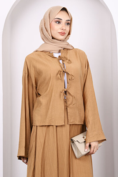 İmajButik Σετ κιμονό με δέσιμο μπροστά Camel