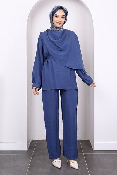 İmajButik Σετ παντελόνι με λεπτομέρεια σάλι Navy Blue