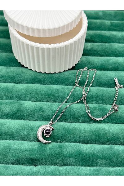 ilvesa shop I Love You in Hundred Languages Hologram Crescent Star Steel Necklace