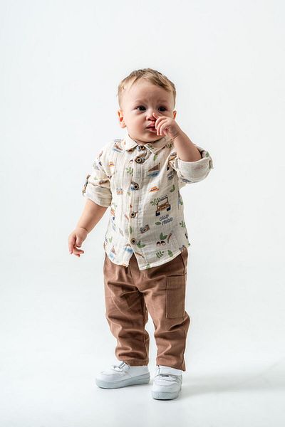 Magu Boy's Muslin Cream Safari Patterned Shirt and Brown Trousers Set