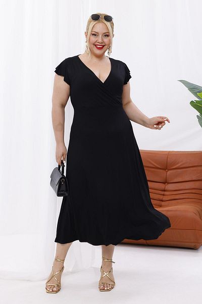Madwilo Γυναικείο μαύρο βολάν μανίκι διπλό γιακά Plus Size Stretchy Maxi φόρεμα