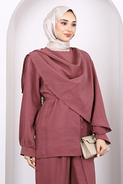 İmajButik Gül Kurusu Şal Detaylı Tunik Pantolonlu Takım