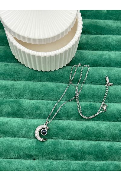 ilvesa shop I Love You in Hundred Languages Hologram Crescent Star Steel Necklace