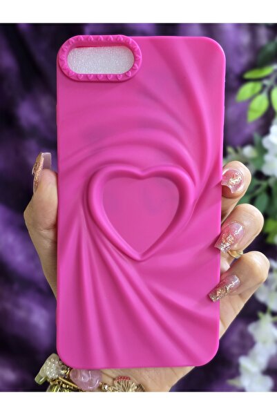 Magic Ring Iphone 7 Plus / 8 Plus Uyumlu 3D Kalpli Fuşya Silikon Kılıf