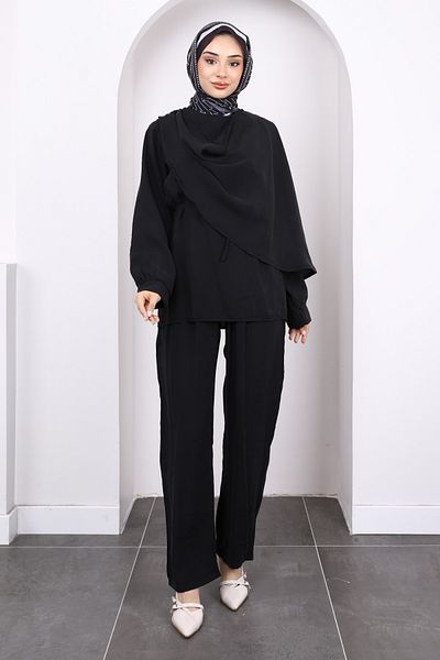 İmajButik Black Shawl Detailed Tunic Trouser Suit