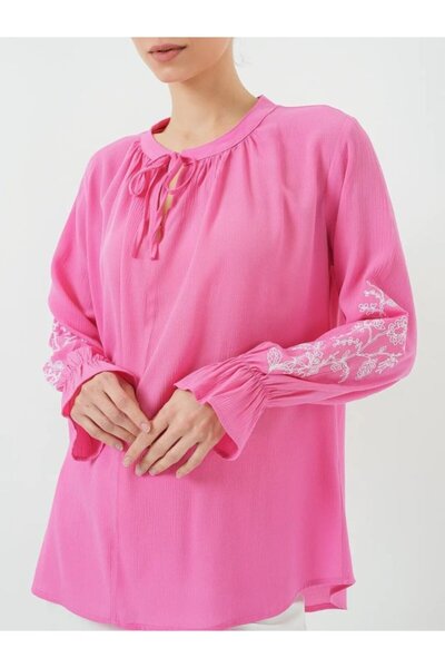 trend_ermege Collar Tie-Up Sleeve Embroidered Elastic Shirt - Pink