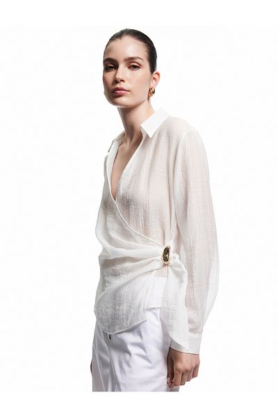 Koton New Season Viscose Fabric Comfortable Fit Long Sleeve Double Breasted Shirt with Accessory Detail