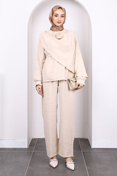 İmajButik Beige Shawl Detailed Tunic Trousers Suit