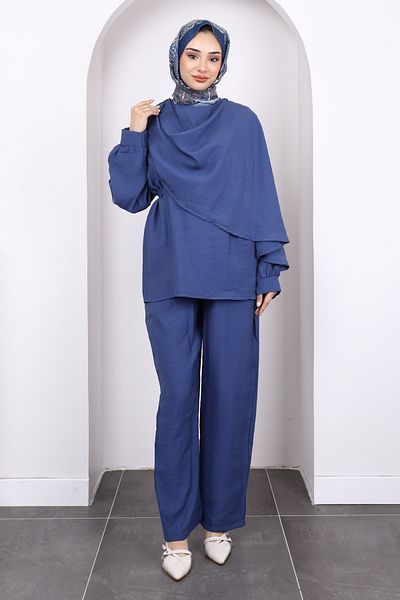 İmajButik Σετ παντελόνι με λεπτομέρεια σάλι Navy Blue
