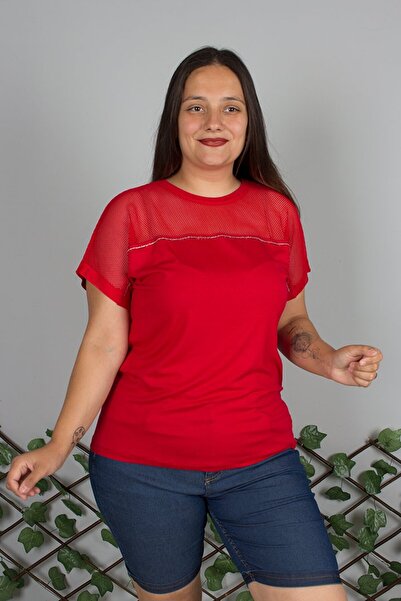 Truva XXL Large Size Stone Embroidered Shoulder Tulle Detailed Red T-Shirt