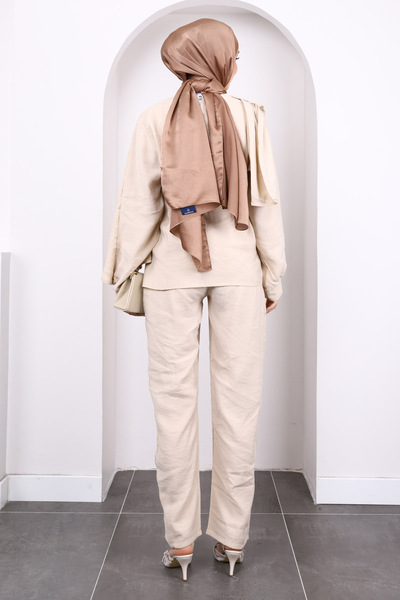 İmajButik Beige Shawl Detailed Tunic Trousers Suit