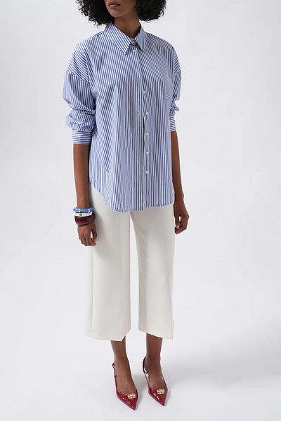 vuvutasarım New Season Sleeve Slit Button Cuff Striped Woven Cotton Women's Shirt 52218029