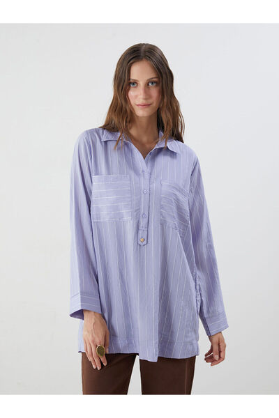 LC Waikiki Lcwaikiki Classic Purple Shirt Collar Striped Women's Tunic