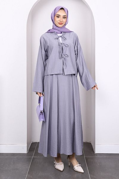 İmajButik Gray Tie Front Kimono Skirt Suit