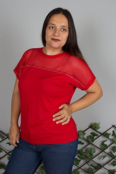 Truva XXL Large Size Stone Embroidered Shoulder Tulle Detailed Red T-Shirt
