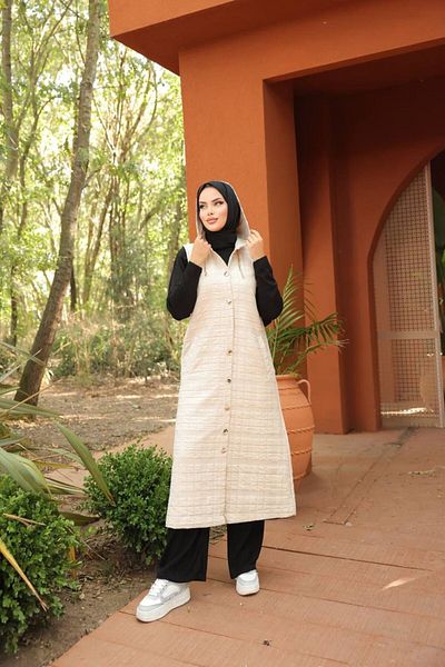 MODA AKGÜN Quilted Hooded Button Long Hijab Vest