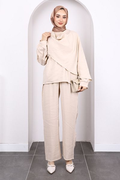 İmajButik Beige Shawl Detailed Tunic Trousers Suit