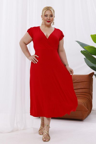 Madwilo Women's Red Ruffle Sleeve Double Breasted Collar Plus Size Stretchy Maxi Dress