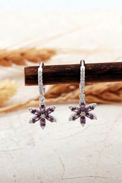 Sümer Telkari Ametist Taşlı Lotus Çiçeği Rodyumlu Gümüş Halka Küpe 7393