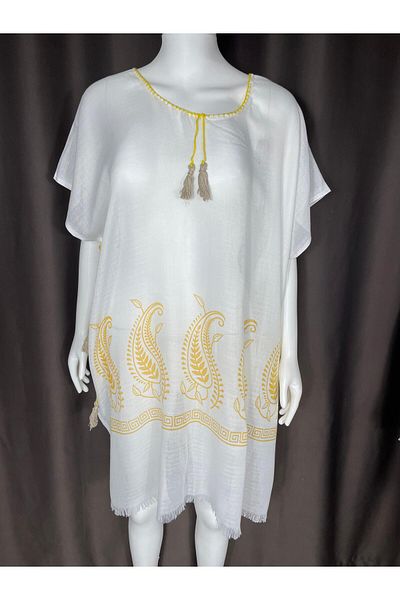 Sobe Hediyelik White Yellow Patterned Tasseled Beach Dress – Bohemian Cotton Pareo Tunic