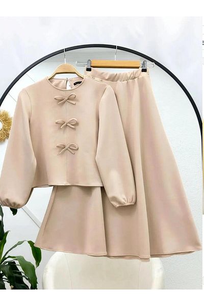 New Lune Women's Clothing Bow Detail in Front Scuba Fabric Fitting Double Suit, Bottom Top Suit