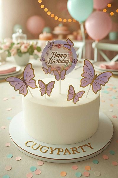 CUGYPARTY Glittery Round Triple Butterfly Cake Decoration Lilac
