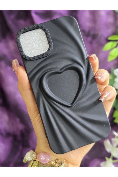 Magic Ring iPhone 13 / 14 Uyumlu 3D Kalpli Siyah Silikon Kılıf