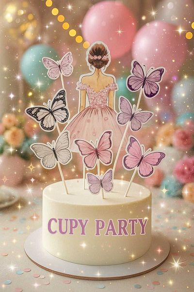 CUGYPARTY Princess Girl and 8' Pink Butterfly Cake Topper