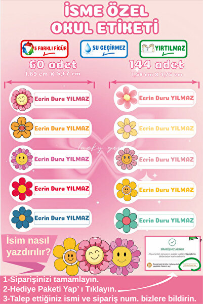 Ayza Tasarım İsme Özel Su Geçirmez Okul Etiketi Sticker Kişiye Özel Kız Çocuk...